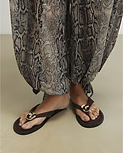 Brown Suede Toe Thong Flat Sandals