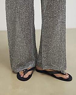 Navy Silver Hardware Toe Thong Flat Sandals