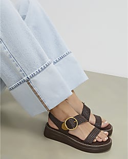 Brown Ring Buckle Flatform Sandals