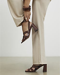 Brown Studded Scallop Edge Block Heel Sandals
