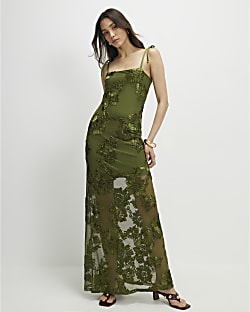 Khaki Sleeveless Cornelli Maxi Dress