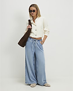 Petite Blue Wide Leg Pyjama Style Jeans