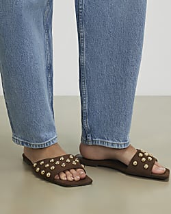 Brown Stud Flat Sandals