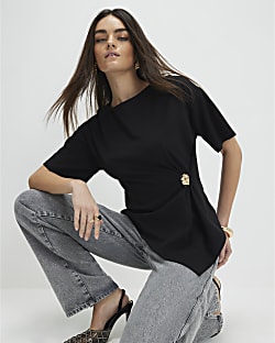 Black Short Sleeve Ruched Side Top