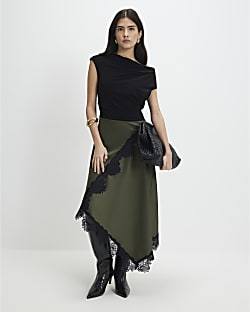 Petite Khaki Lace Hybrid Drape Maxi Dress