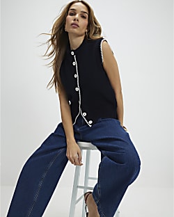 Navy Knitted Tie Neck Waistcoat