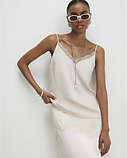 Beige Satin Lace Trim Cami Top