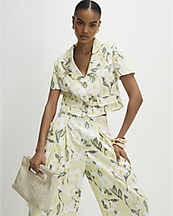 Green Linen Blend Floral Scallop Trim Jacket