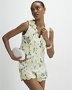 Green Floral Linen Blend Waistcoat