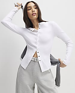 White Long Sleeve Ribbed Popper Top