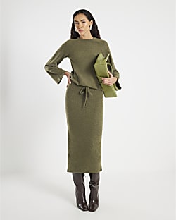Khaki Cosy Ribbed Midi Skirt
