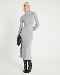 Grey Long Sleeve Cosy Belted Midi Dress