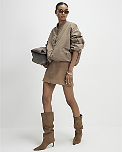 Beige Suede Seam Detail Mini Skirt