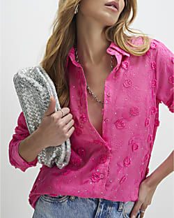 Pink 3D Floral Embellished Shirt