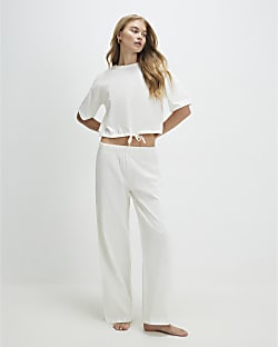 Cream Bubble Hem Jersey Loungewear Set