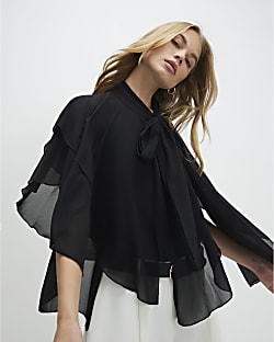 Black High Neck Ruffle Cape