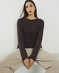 Brown Long Sleeve Cable Knit Fitted Top
