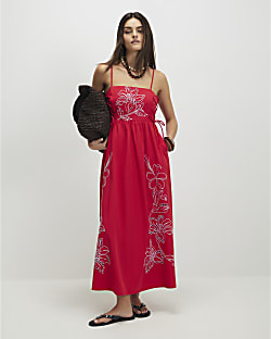 Red Broderie Tie Side Midi Dress
