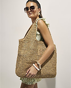 Beige Raffia Shopper Bag