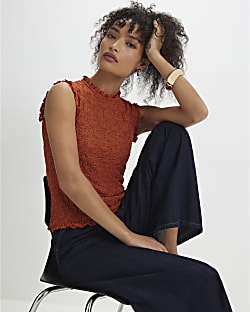 Orange Sleeveless Ruffle Textured Top