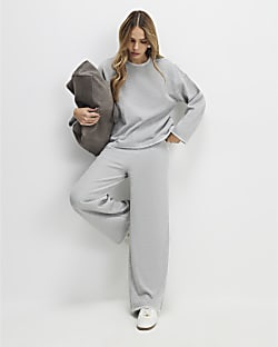 Grey Cosy Whipstitch Wide Leg Joggers