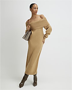 Brown Knitted Long Sleeve Bardot Midi Dress