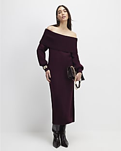 Red Knit Long Sleeve Bardot Midi Dress