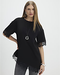 Black Short Sleeve Lace Trim Asymmetric Top