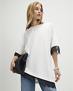 Cream Short Sleeve Lace Trim Asymmetric Top