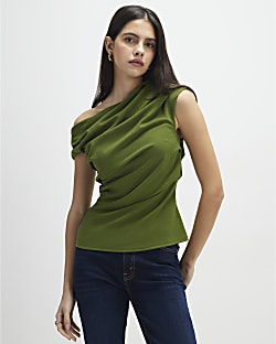 Khaki Short Sleeve Drape Off Shoulder Top