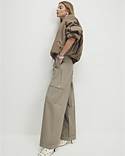 Beige Wide Leg Cargo Trousers