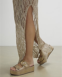 Gold Ring Buckle Wedge Sandals