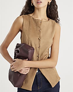 Brown Faux Suede Sleeveless Waistcoat