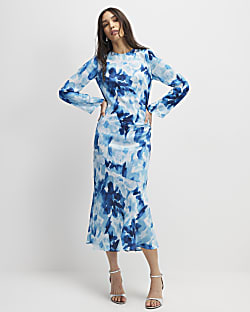 Blue Floral Long Sleeve Midi Dress