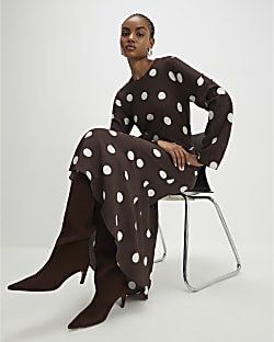 Brown Long Sleeve Spot Print Midi Dress