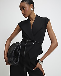 Black Sleeveless Belted Waistcoat