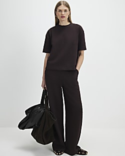 Brown Jacquard Wide Leg Trousers