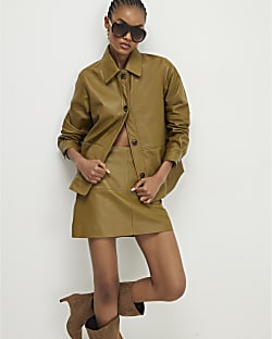 Green Leather Seam Detail Mini Skirt