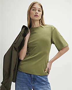Khaki Short Sleeve Tie Back Seamed Top