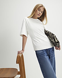 Cream Short Sleeve Tie Back Seamed Top