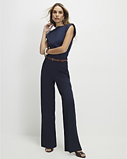 Navy Belted Straight Leg Trousers
