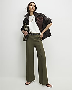 Khaki Belted Straight Leg Trousers