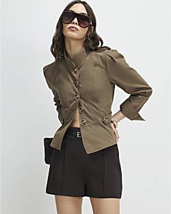 Brown Belted Pin Tuck Shorts