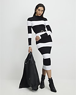 Black Belted Stripe Knit Midi Dress