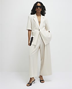 Beige Ankle Grazer Tailored Trousers