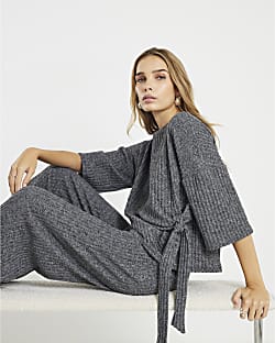 Grey Cosy Ribbed Knot Side Top