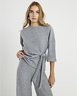 Grey Cosy Ribbed Knot Side Top