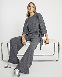 Grey Cosy Ribbed Wide Leg Trousers