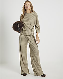 Khaki Cosy Ribbed Wide Leg Trousers