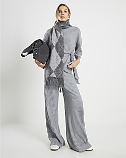 Grey Cosy Ribbed Wide Leg Trousers